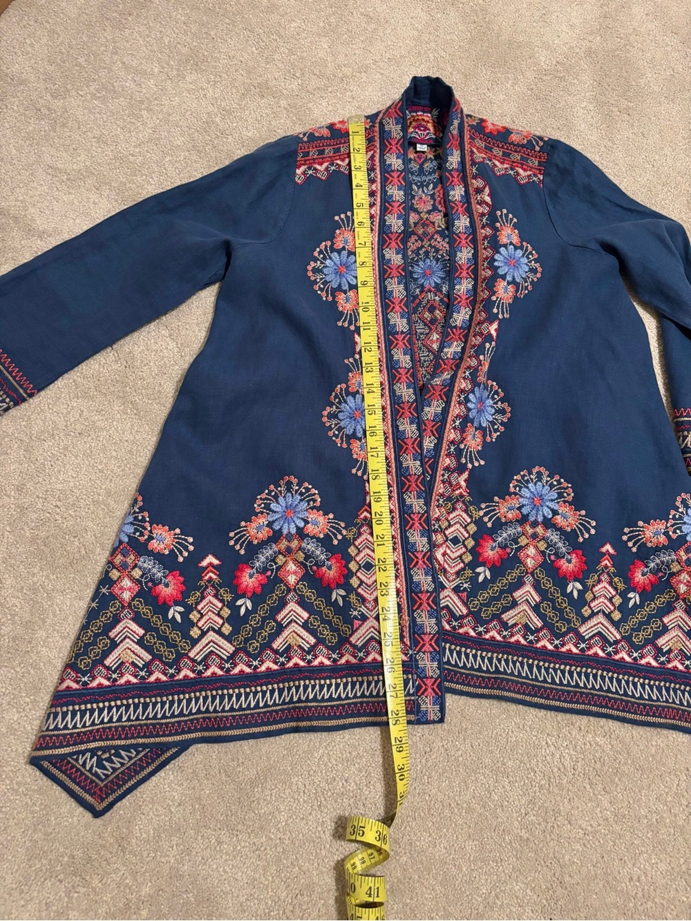 JOHNNY WAS RARE ITEM Embroidered Linen Kimono, Navy with Pink & Blue Floral - Picture 10 of 12